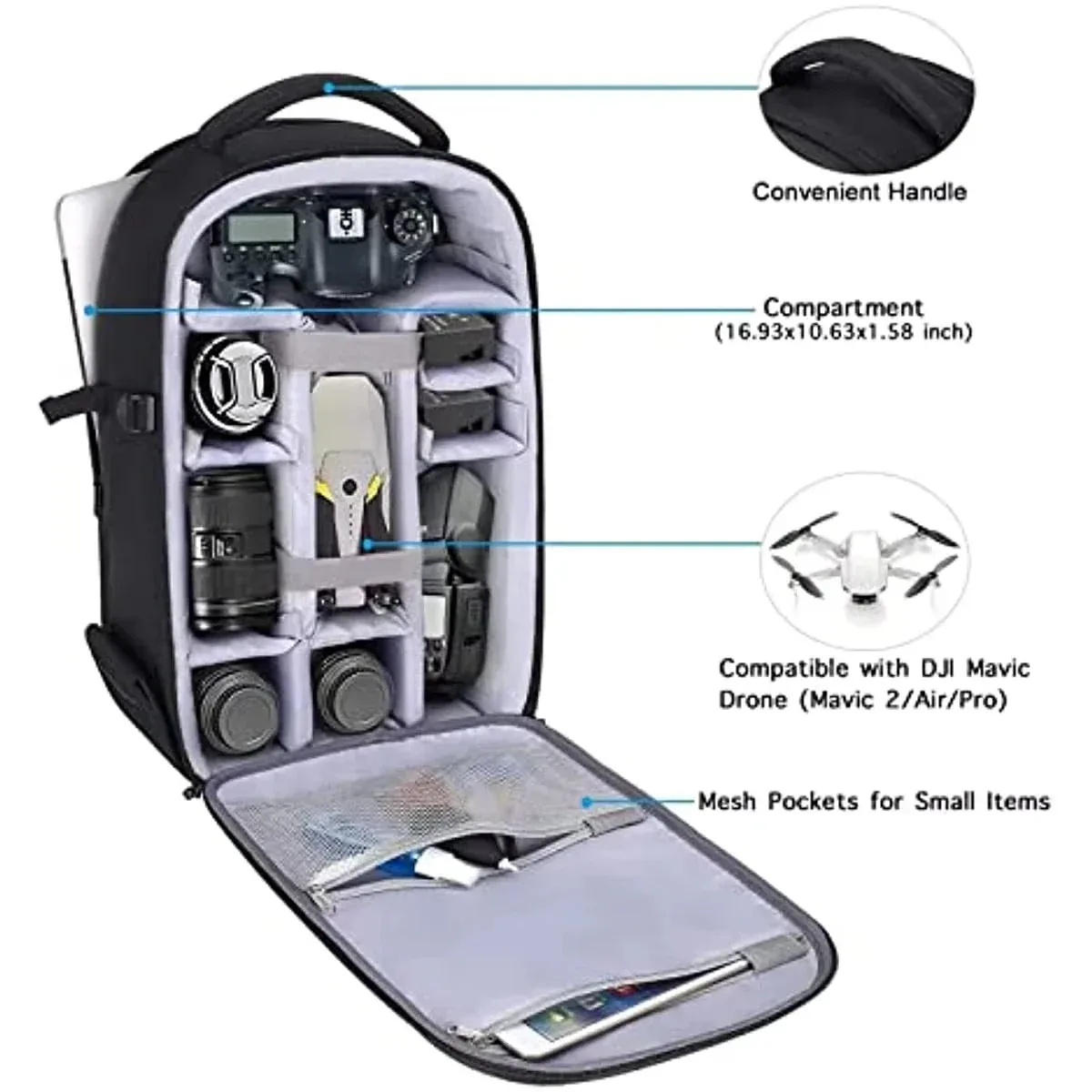 sac à dos pour appareil photo de photographie dslr, coque rigide étanche de 15 à 16 pouces avec support pour trépied et compartiment pour ordinateur portable canon/nikon/sony