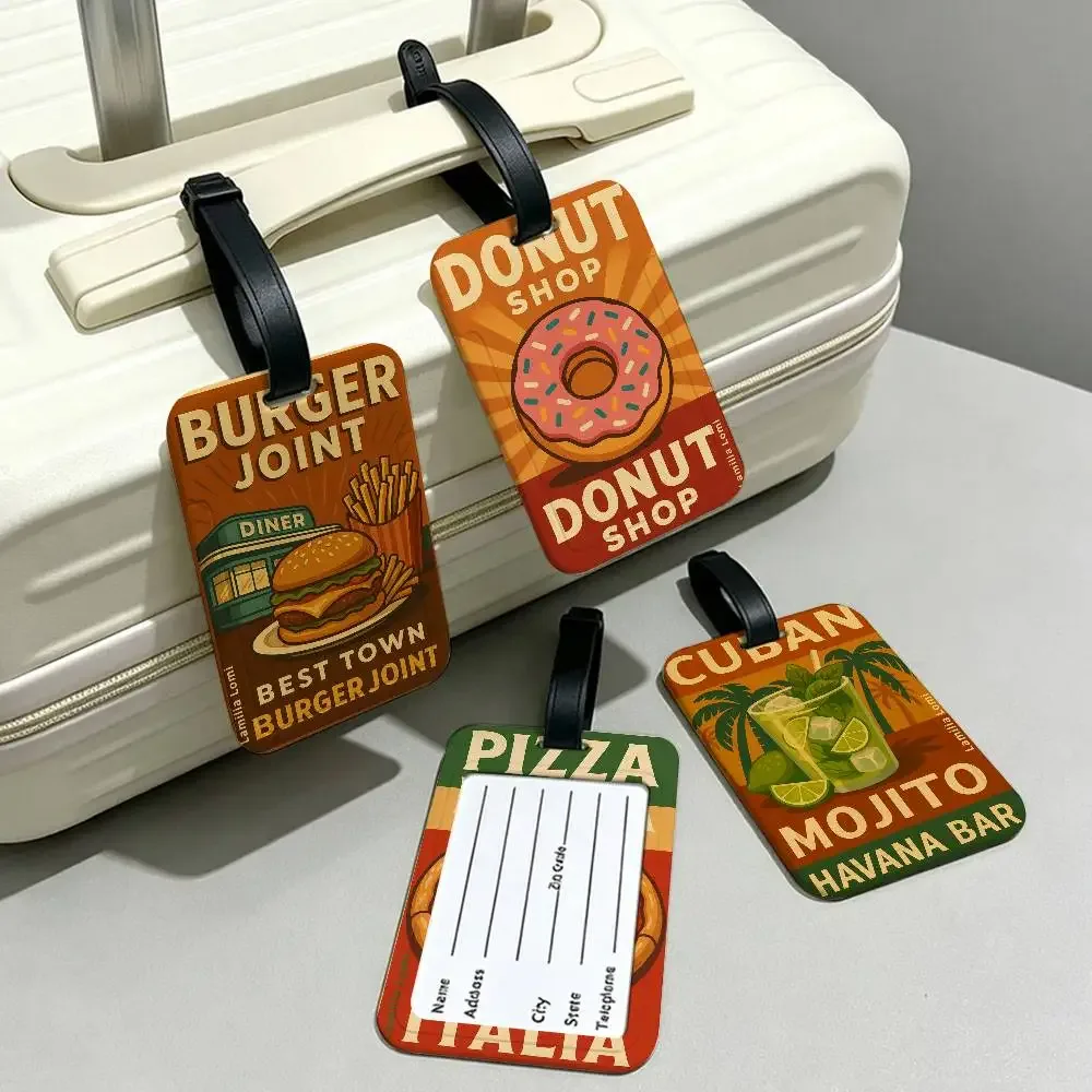 étiquette de bagage en toile motif "nourriture délicieuse" pour voyage, carte d'information en pvc, protège-nom anti-perte pour sac à dos.