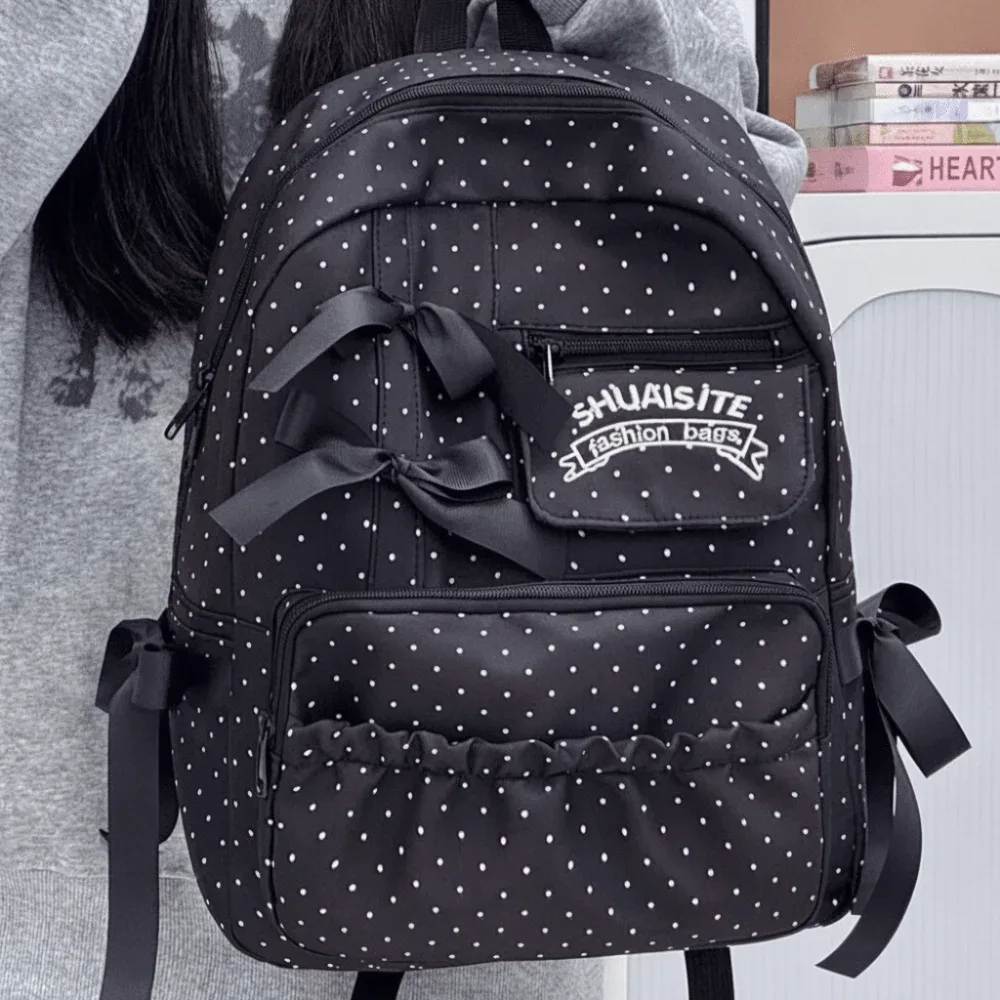 sac à dos en nylon à pois avec nœud, multi-compartiments, grande capacité, fermeture éclair, doublure en polyester, sac à dos de voyage