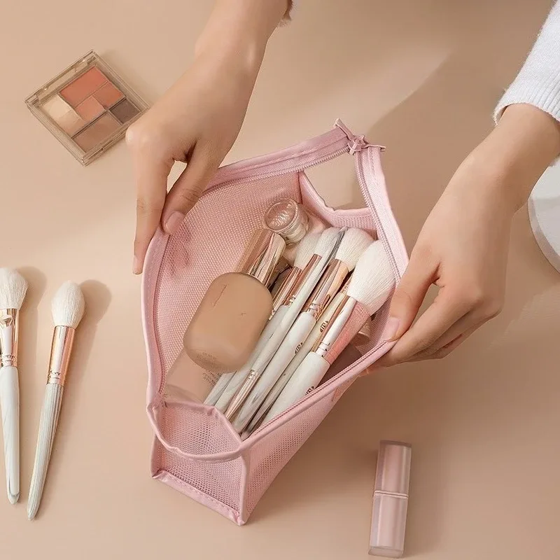 organisateur de toilette transparent de grande capacité, pochette de rangement cosmétique portable pour femmes, sac à maquillage respirant en maille