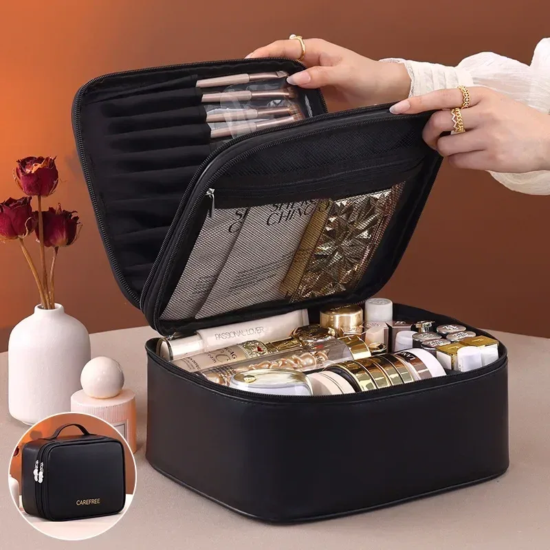 grande trousse de maquillage en cuir pu pour femmes, organisateur de cosmétiques à plusieurs compartiments, sac de rangement imperméable pour pinceaux de maquillage.