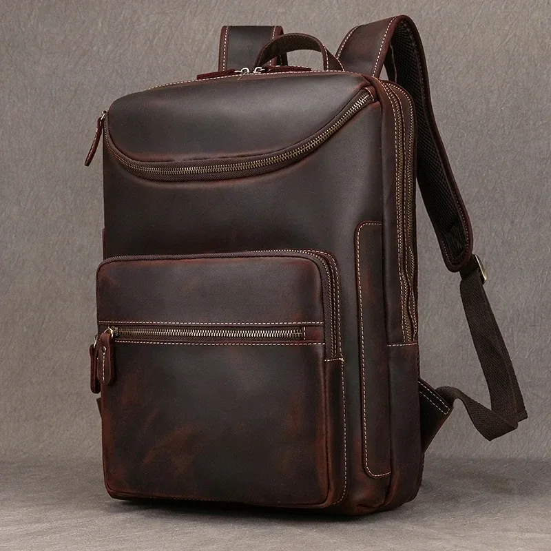 décontracté hommes en cuir véritable sac à dos crazy horse en cuir style vintage voyage sac à dos sac d'école 