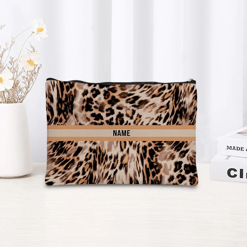 trousse de maquillage à motif léopard et tigre, trousse de toilette cosmétique essentielle pour les voyages, cadeau d'anniversaire ou de vacances avec nom personnalisé, trousse de maquillage