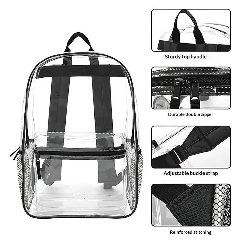 1 sac à dos transparent en pvc imperméable, avec sangles réglables, fermetures éclair doubles durables, idéal 