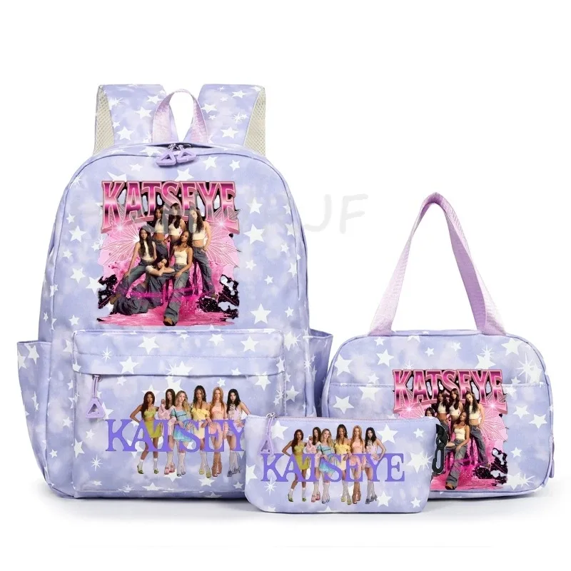 sac à dos katseye à thème musical, 3 pièces, imprimé étoiles roses, cartable amusant pour adolescents, étudiants, femmes, sac à dos pour ordinateur portable, sac de voyage mochila