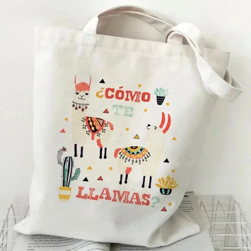 sac à main à motif d'alpaga mignon, imprimé animal de dessin animé, grande capacité, sac de shopping blanc, sac à bandoulière pour femme