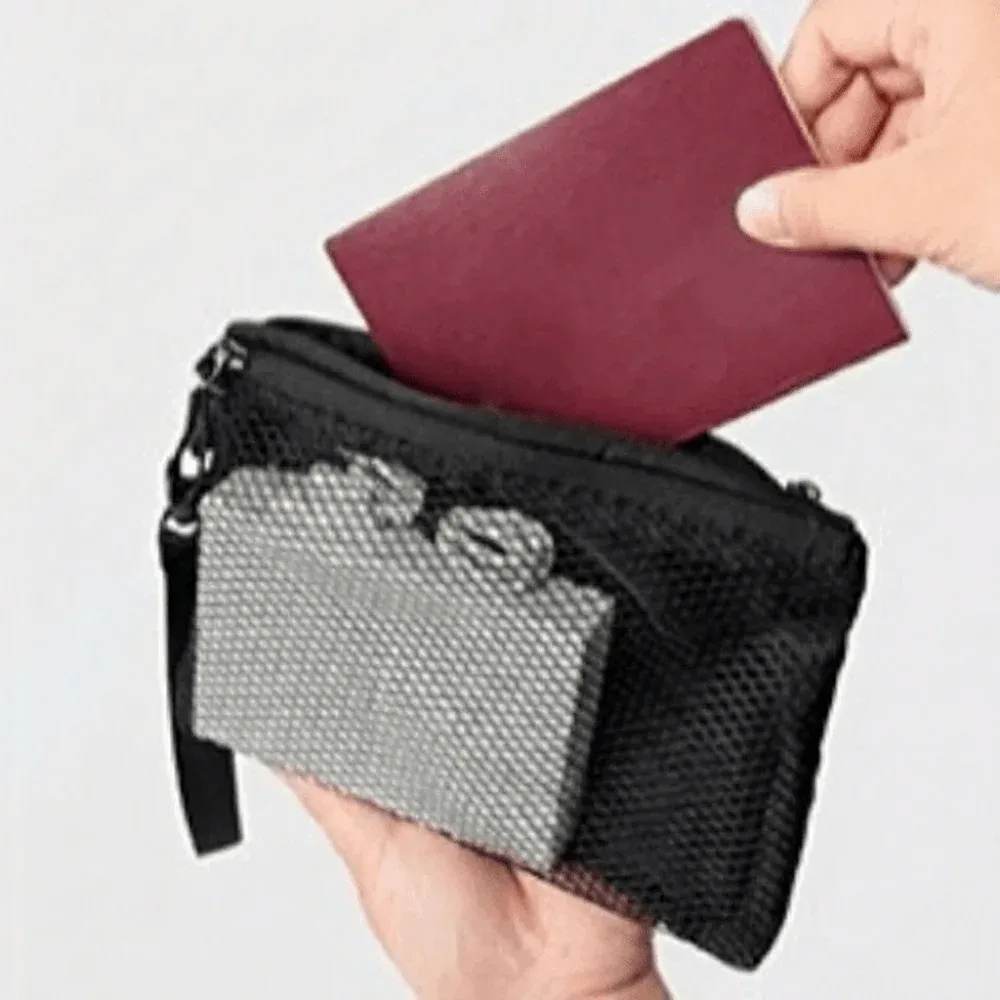 sac de rangement léger en maille, sac cosmétique en polyester de couleur unie avec fermeture éclair, porte-monnaie multifonctionnel, sac de rangement de voyage