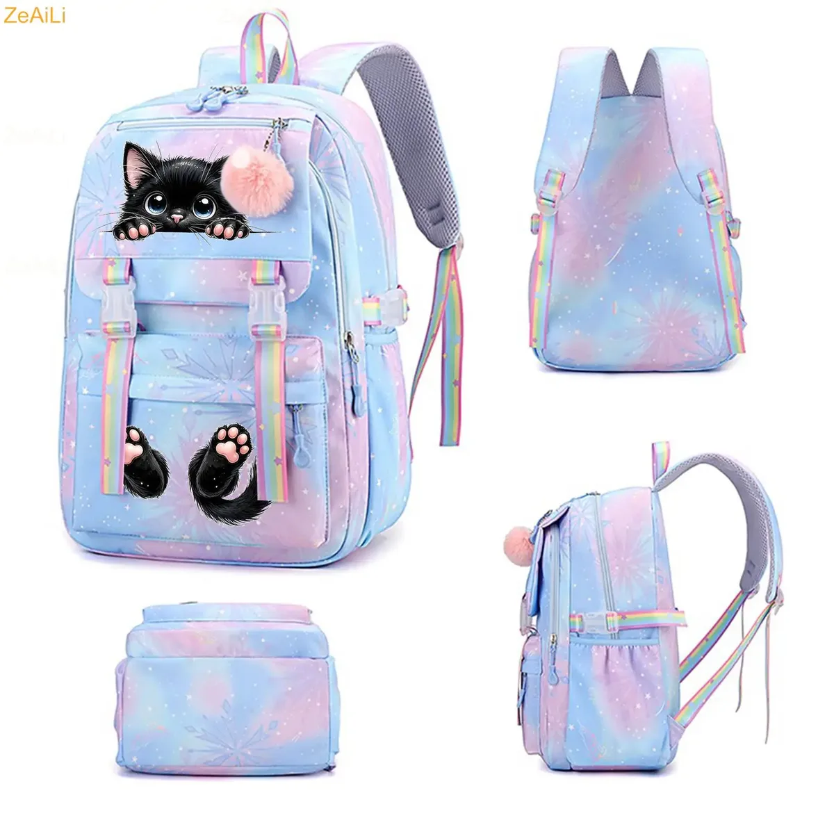 sac à dos pour femme, enfant, adolescent, motif chat noir mignon, fleur et papillon, idéal pour l'école