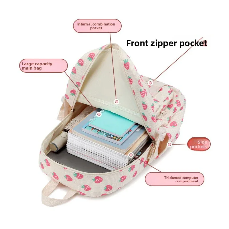 sac à dos scolaire en velours côtelé 3 pièces/ensemble avec sac à déjeuner et trousse à crayons, sac à dos mignon pour filles, sac à dos à motif fraise pour adolescentes et femmes