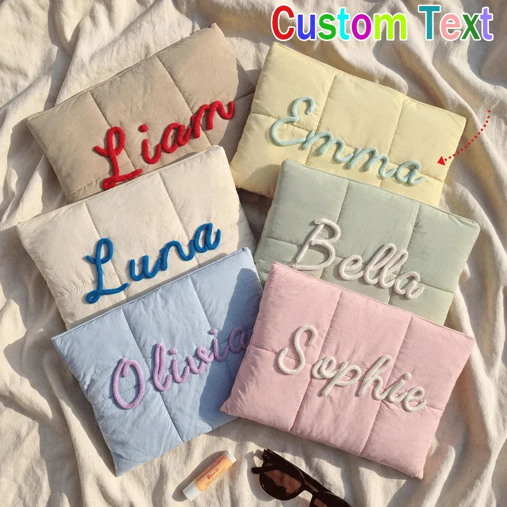 sac pour ordinateur portable personnalisé, étui pour ordinateur portable matelassé avec lettres en chenille pe