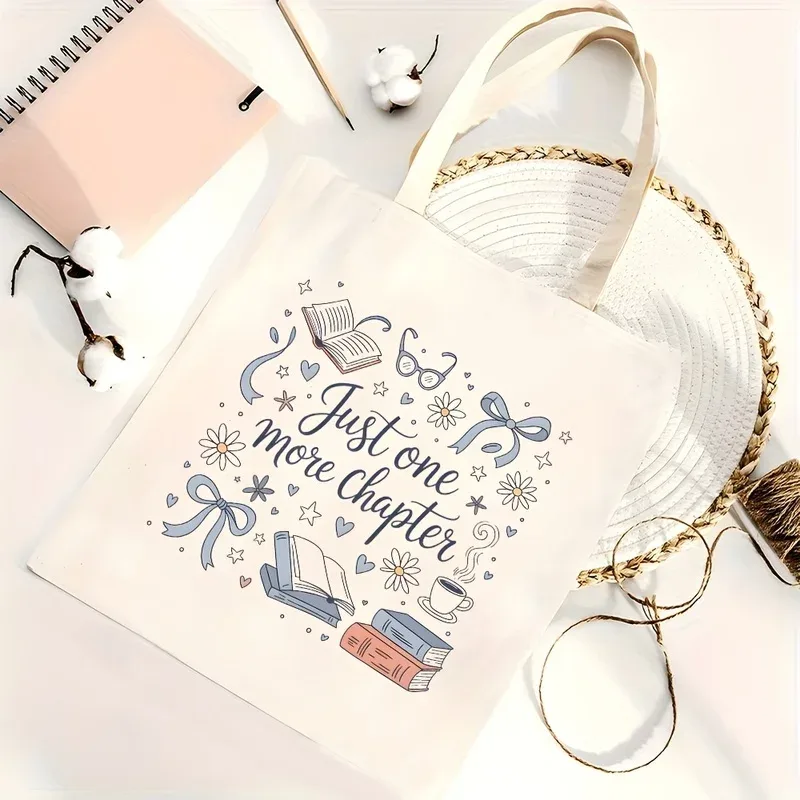 sac à bandoulière avec un motif sur le thème des livres, livré avec un nœud marguerite et un slogan de lecture, idéal pour les trajets quotidiens, le travail, ou comme cadeau.