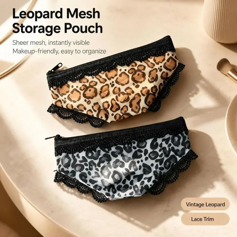 Pochette de maquillage chic en forme de culotte à imprimé léopard, avec fermeture éclair, sac cosmétique portable en maille, pochette de rangement transparente ornée de dentelle, idéale pour les voyages.
