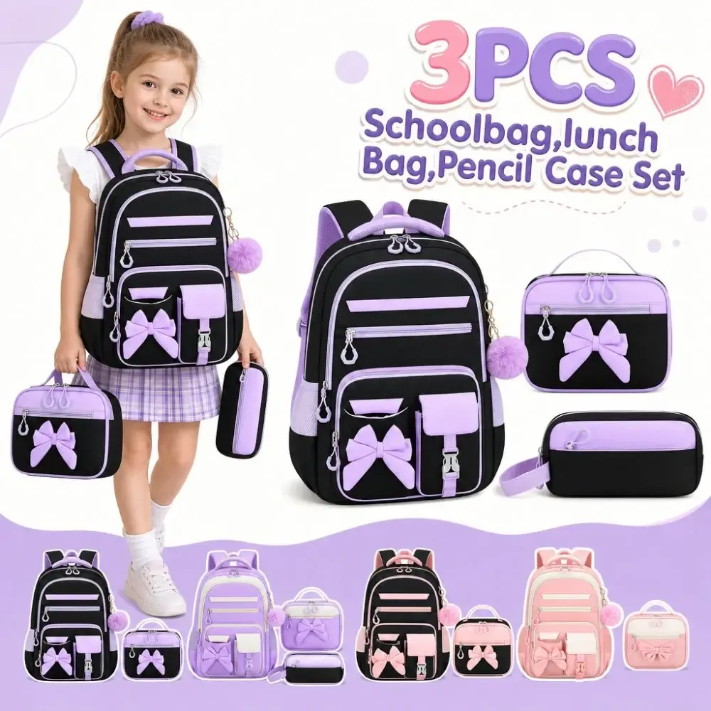 Ensemble de 3 pièces : Sac à dos, sac à déjeuner et trousse à crayons, en tissu Oxford imperméable, avec nœud papillon, grande capacité, léger