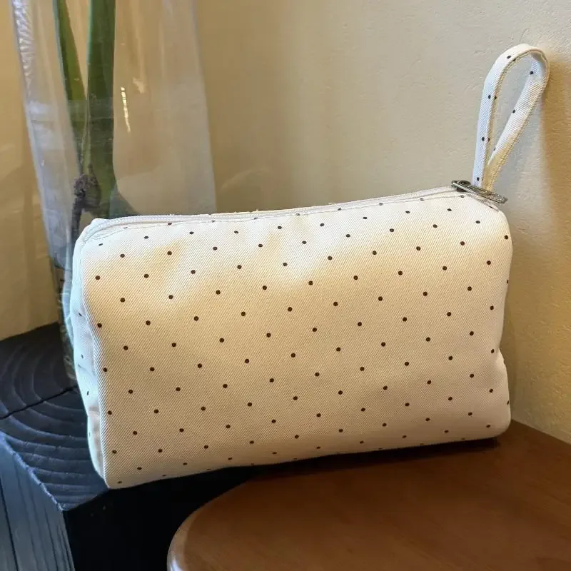 trousse de toilette grande capacité à fermeture éclair en twill à pois, portable, pour étudiants, dortoir et voyage