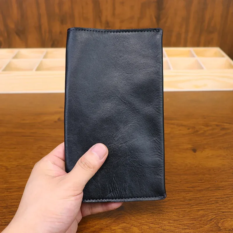 porte-passeport d'affaires en cuir véritable, tannage végétal, organisateur de documents en détresse à la main, support pour téléphone, portefeuille long en cuir de vache