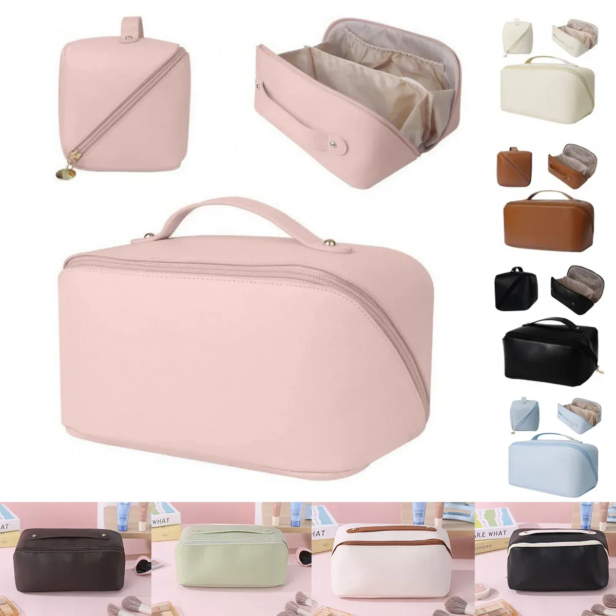 Trousse de maquillage de voyage grande capacité, organiseur de cosmétiques extensible avec compartiments zippés pour articles de toilette et accessoires, rose
