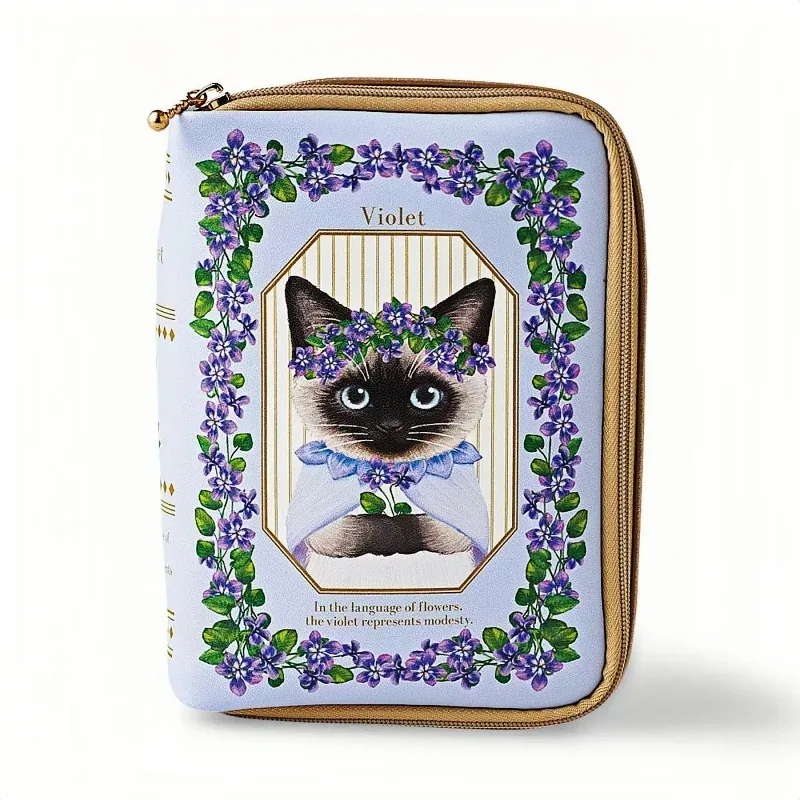 trousse de maquillage en forme de livre, motif chat et plante, sac de rangement créatif