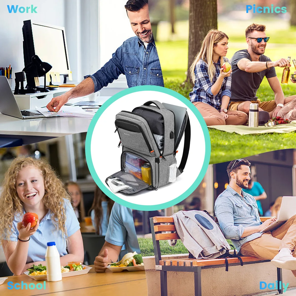 sac à dos isotherme pour le déjeuner, sac à dos pour ordinateur portable avec blocage rfid 15,6 pouces, sac à déjeuner avec port usb pour hommes et femmes