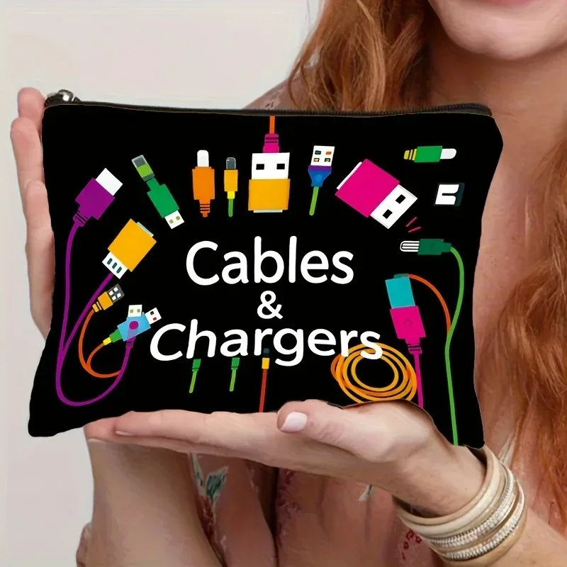 sac de rangement pour câbles et câbles colorés vibrants et usb, pochette durable à fermeture éclair, étui pour accessoires électroniques unisexe avec pochette imprimée "chargers"