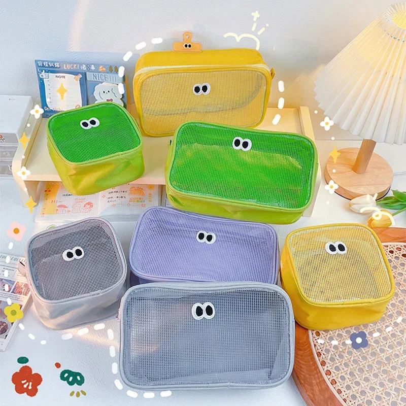 sac à cosmétiques de maquillage en maille, pochette de voyage à fermeture éclair, étui de maquillage pour grands yeux pour les bureaux à domicile, accessoires de voyage, sac de rangement organisateur