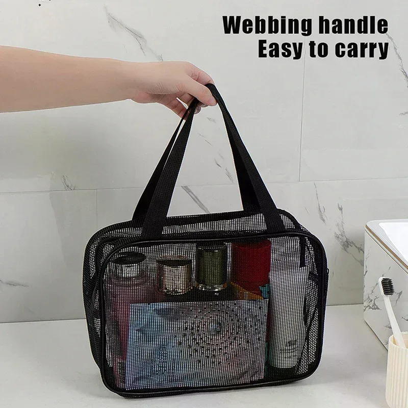 sac de rangement portable pour douche corporelle, lavage de voyage ; pochette cosmétique de maquillage en maille de grande capacité ; sacs à main de toilette polyvalents.
