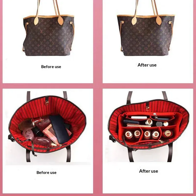 insert organisateur de sac à main en feutre pour lv neverfull mm gm pm, sac de doublure façonnant dans le sac, organisateur avec poches zippées, rangement