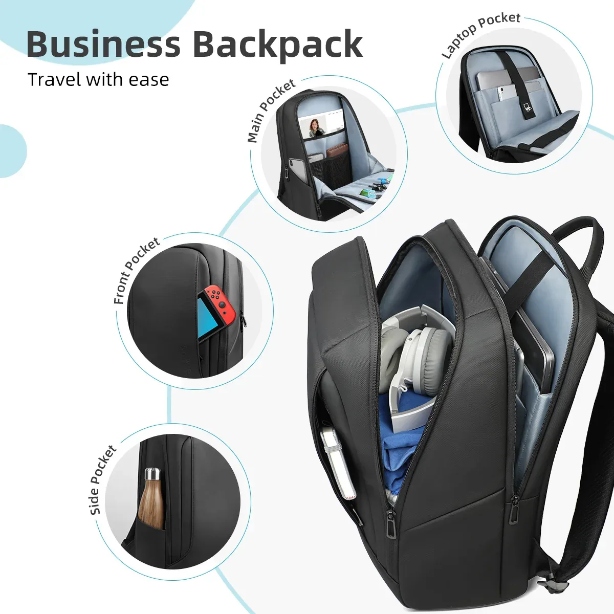 hcankcan-sac à dos de voyage de grande capacité, sac pour ordinateur portable 15.6 ", sac à dos d'affaires étanche, sac à dos scolaire, sac de travail durable
