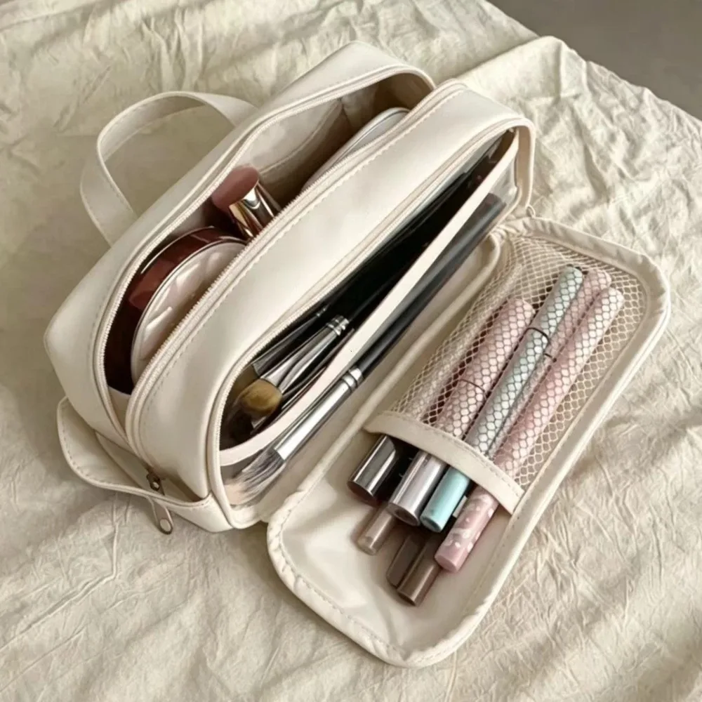 sac à cosmétiques double couche en nylon, organisateur de maquillage de voyage, trousse de toilette de grande capacité, trousse à crayons multifonction, porte-pinceaux