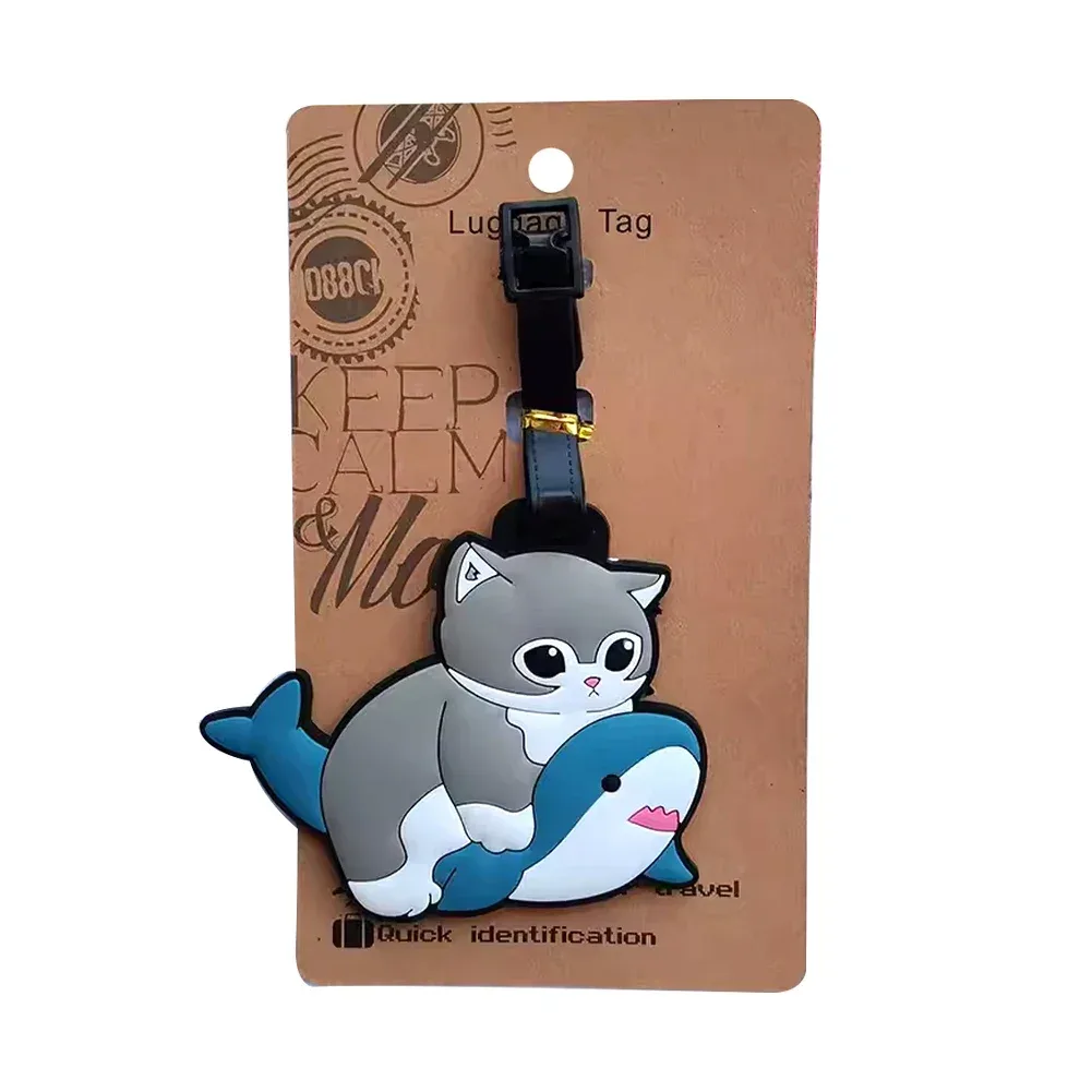 étiquette de bagage design chat requin kawaii, accessoires de voyage pour femmes, étiquette de bagage en pvc de dessin animé pour hommes, portable, anti-perte, adresse, nom