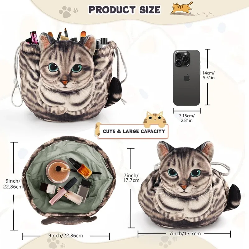 trousse de maquillage chat mignon, fermeture à cordon, conception tête de chat 3d, pochette cosmétique plate, cadeau pour femmes amoureux des chats, sac organisateur de voyage