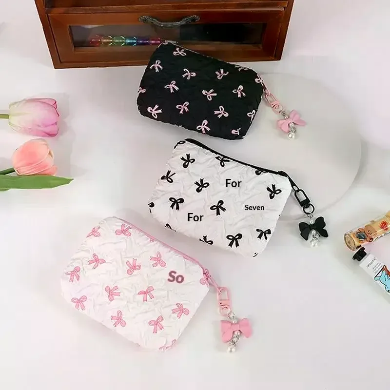 pochette à maquillage pour femmes, décoration nœud, sac cosmétique en tissu spacieux, solution de rangement multifonctionnelle pour les voyages et le bureau