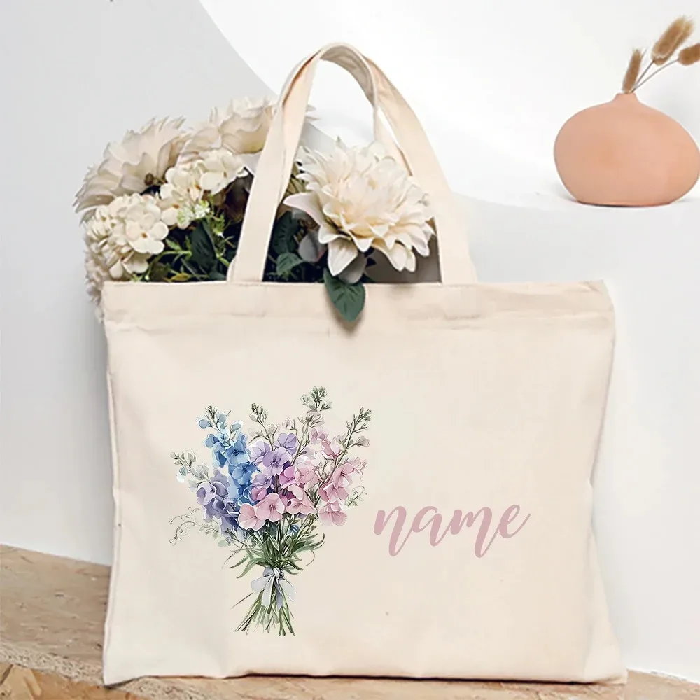 sac à bandoulière personnalisé avec fleur du mois de naissance et nom, sac fourre-tout en toile monogramme, idéal pour mariage, anniversaire, fête, meilleur cadeau pour elle