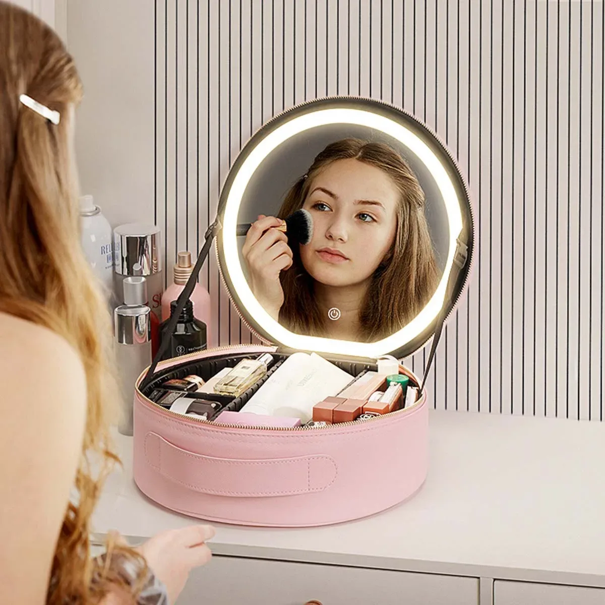 Sac à cosmétiques circulaire avec lumière LED miroir, sac de rangement de cosmétiques portable de grande capacité pour voyages d'affaires, étui à cosmétiques