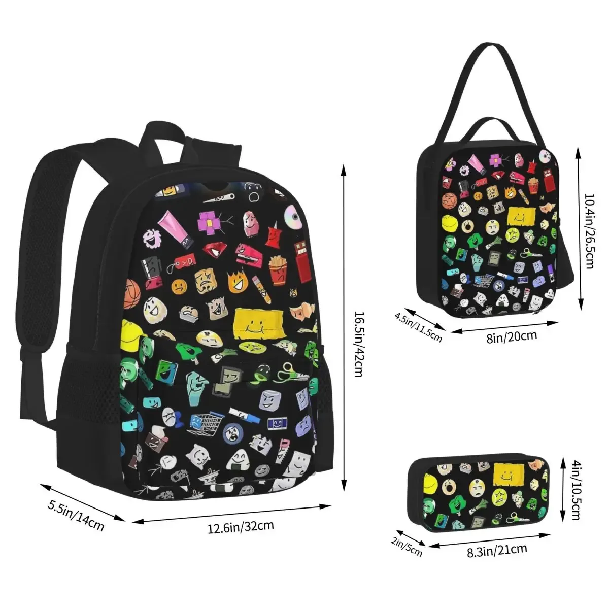 bfdi bfb et tpot bataille pour dream island dessin animé 3pecs/ensemble sac à dos pour adolescent ordinateur portable sac à bandoulière sac à déjeuner trousse à crayons