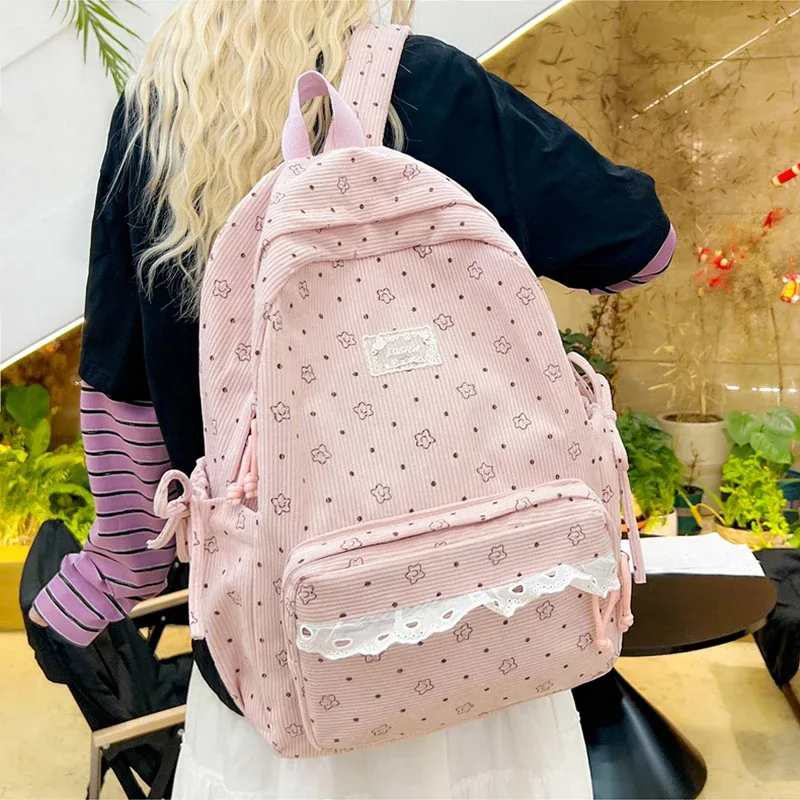 sac à dos à imprimé floral à pois, sac d'école, joli sac à dos de voyage pour étudiants, décoration en ruban à nœud papillon, sac à livres léger