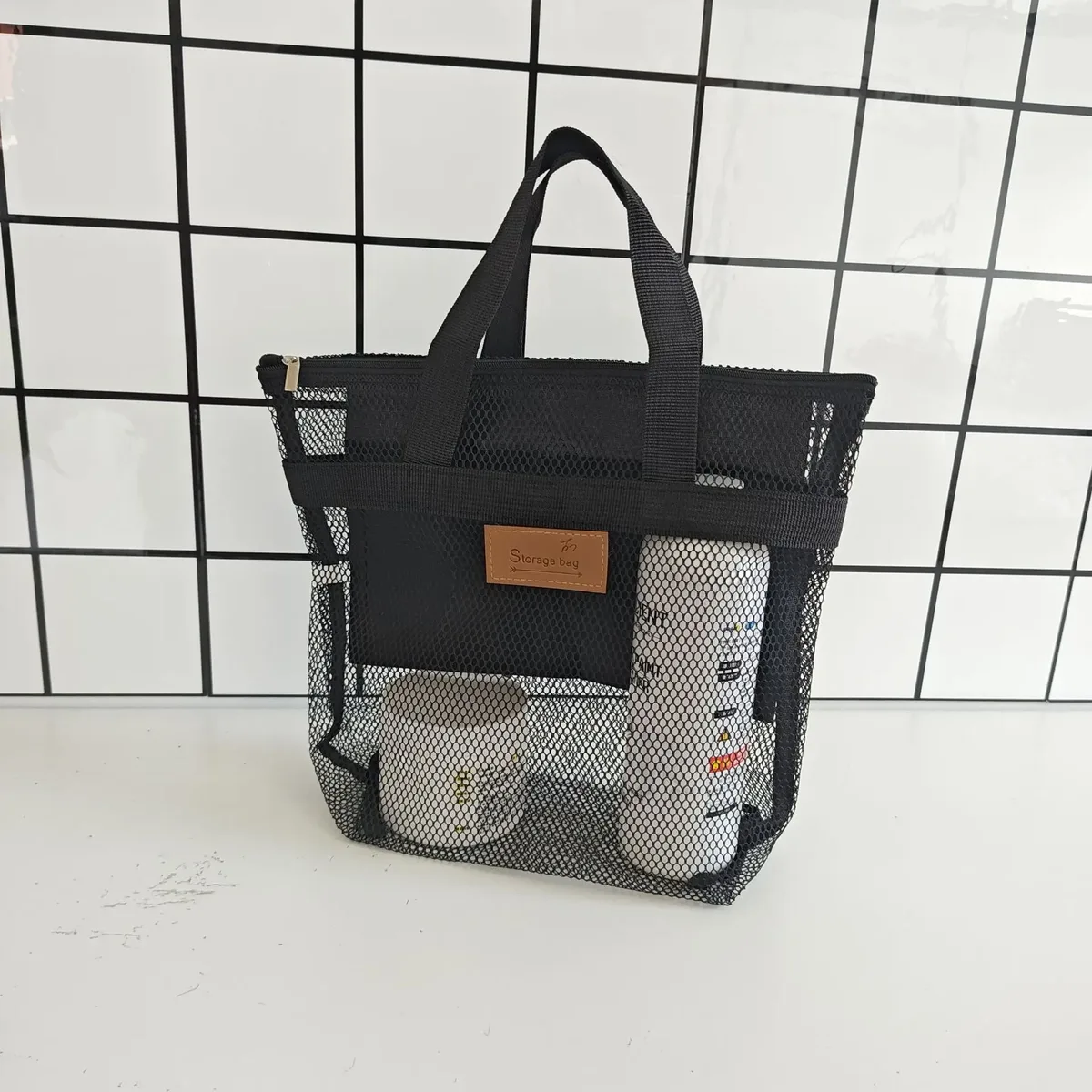grande trousse de toilette portable en maille avec poignées durables et fermeture éclair pour voyage, plage, natation et rangement