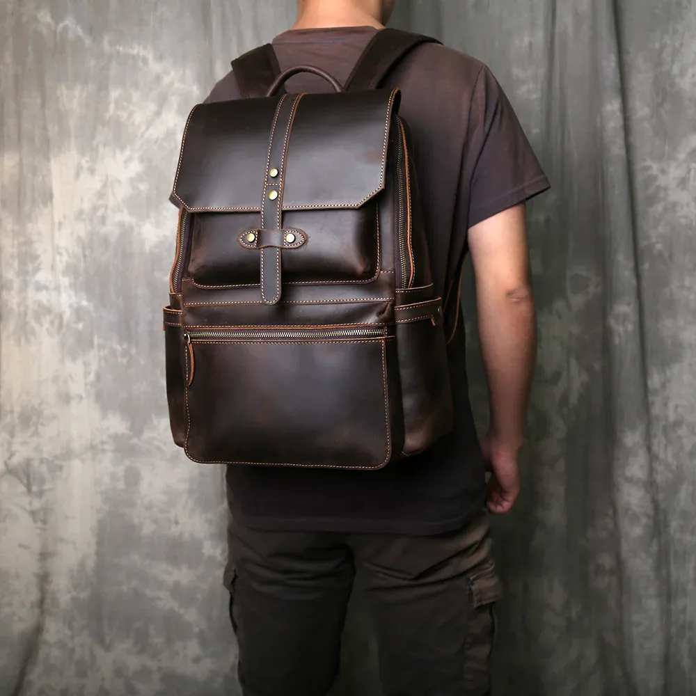 sac à dos rétro en cuir crazy horse durable pour homme, cuir de première qualité, grande capacité, boucle à fermeture éclair, sac d'ordinateur pour voyage en plein air