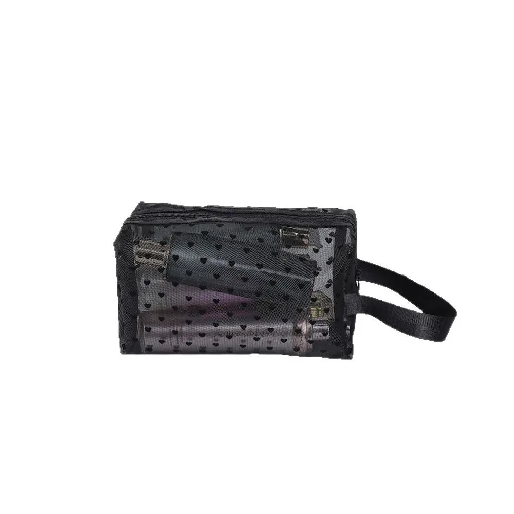 trousse de maquillage en velours de cœur noir en dentelle, sac de rangement transparent pour étudiant, trousse de toilette portable de voyage, trousse de maquillage universelle