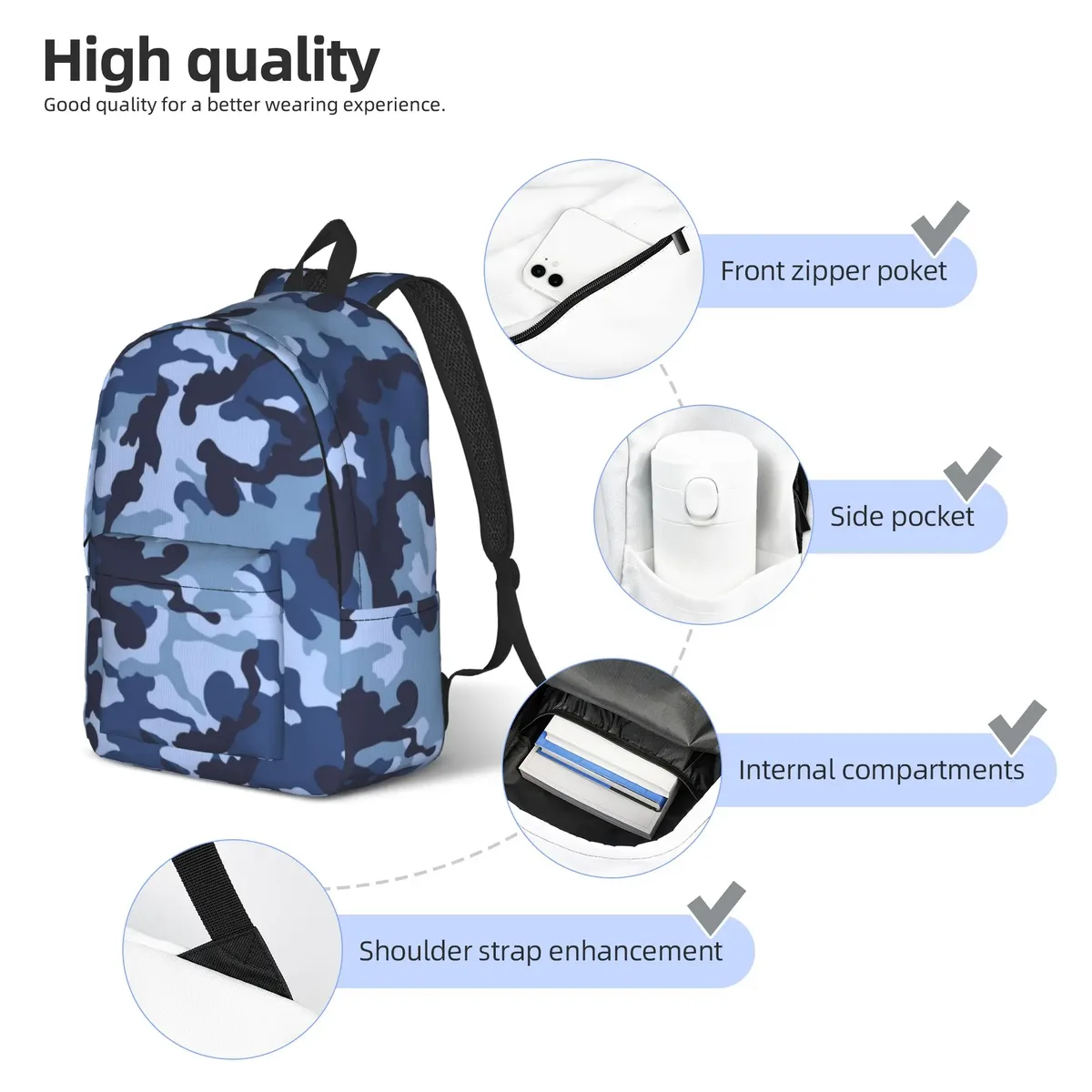 sac à dos camouflage bleu marine, motif camouflage, sac à dos de sport, pour étudiants, travail, militaire, pour hommes et femmes, sacs en toile pour ordinateur portable