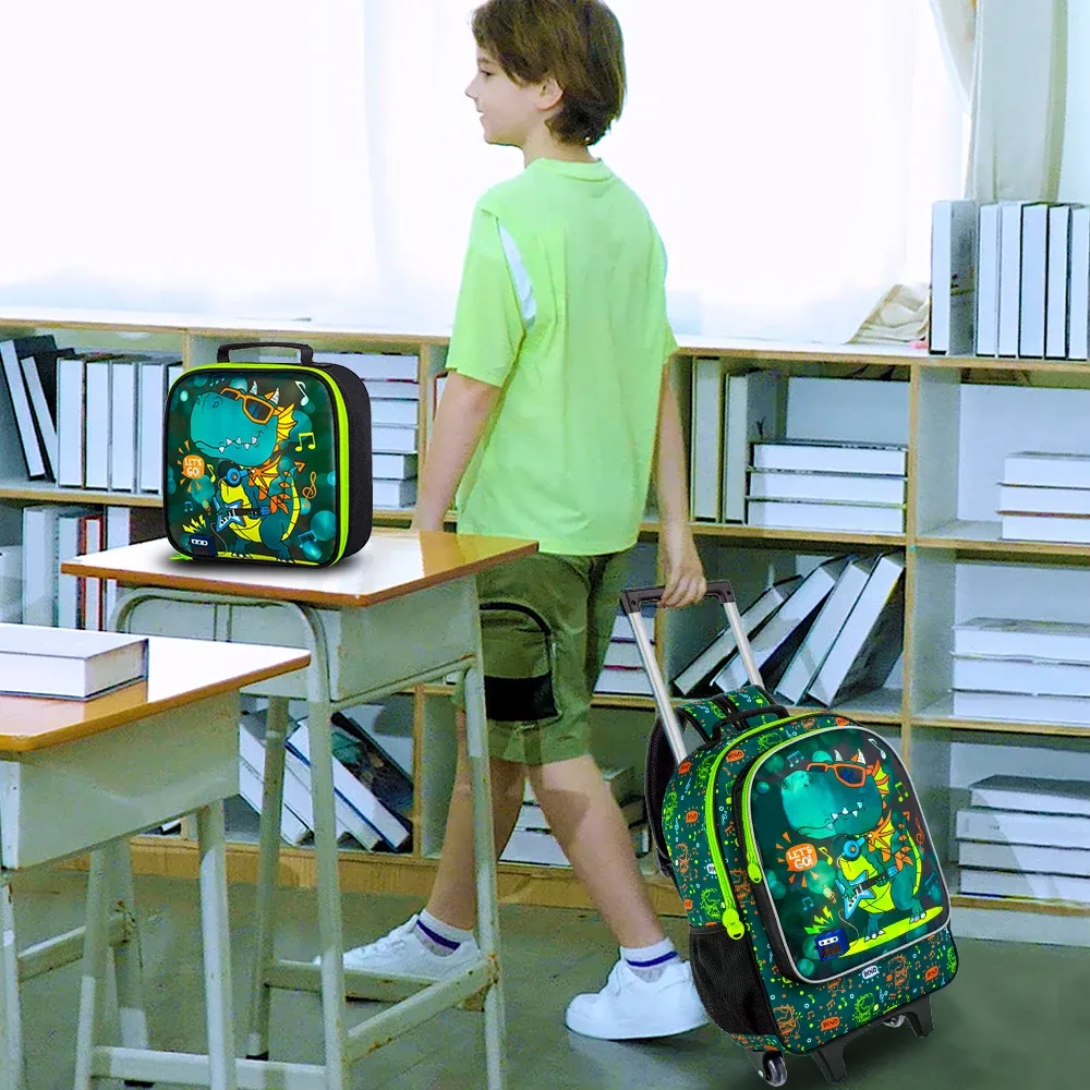 Sac à dos roulant 3 pièces pour garçons, sac à dos d'école à roulettes avec roulettes, sac à livres à roulettes dinosaure pour enfants pour Kinde préscolaire primaire