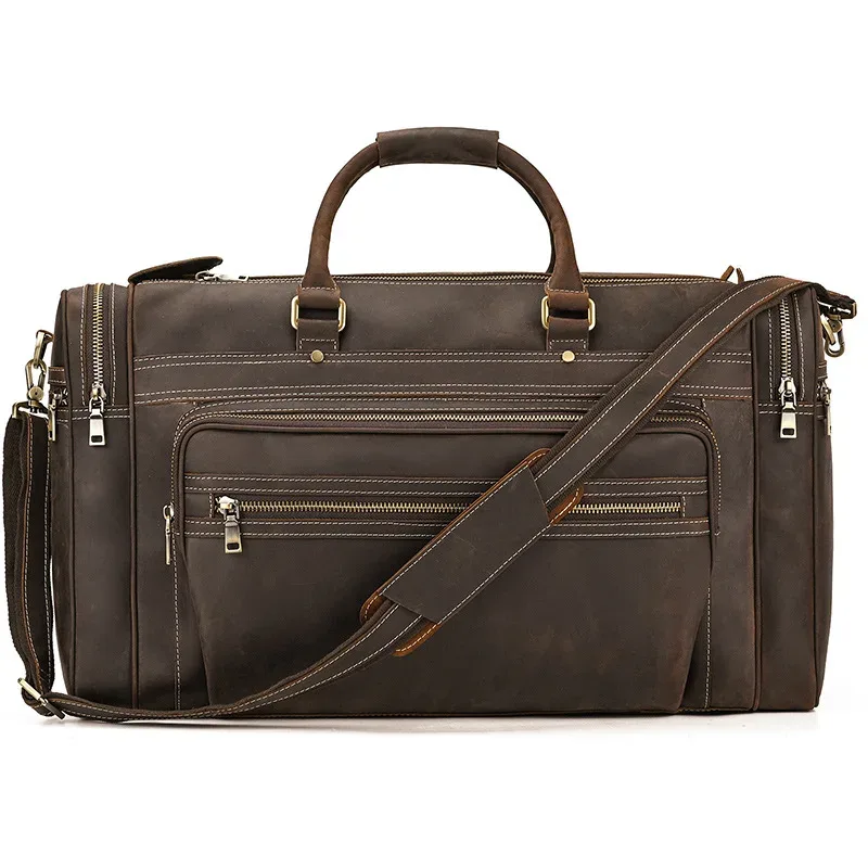 exlarge – sac de week-end en cuir véritable de 22 pouces pour homme, sacoche de voyage vintage en cuir de vache avec fermeture éclair, fourre-tout