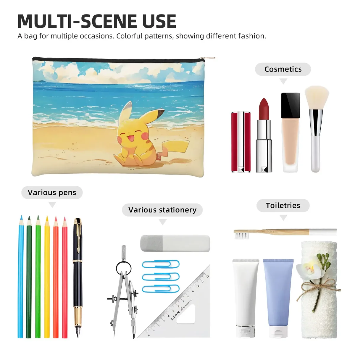 sac pliable mignon à thème pokémon, sac de maquillage avec fermeture éclair, trousse de toilette pikachu, organiseur de maquillage