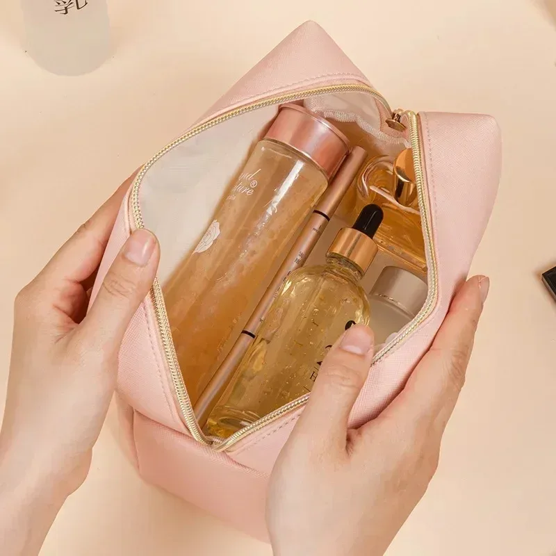sac de maquillage pour femmes en cuir pu imperméable, couleur unie, trousse de toilette de voyage, organiseur de rangement cosmétique portable