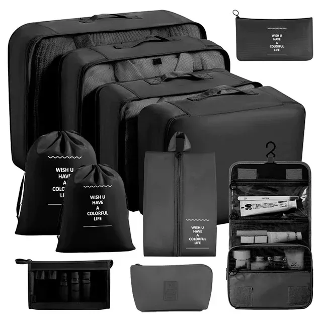 ensemble de 11 cubes de rangement de voyage, organisateurs de bagages imperméables, sacs de rangement à cordon pour vêtements, chaussures, sous-vêtements, cosmétiques