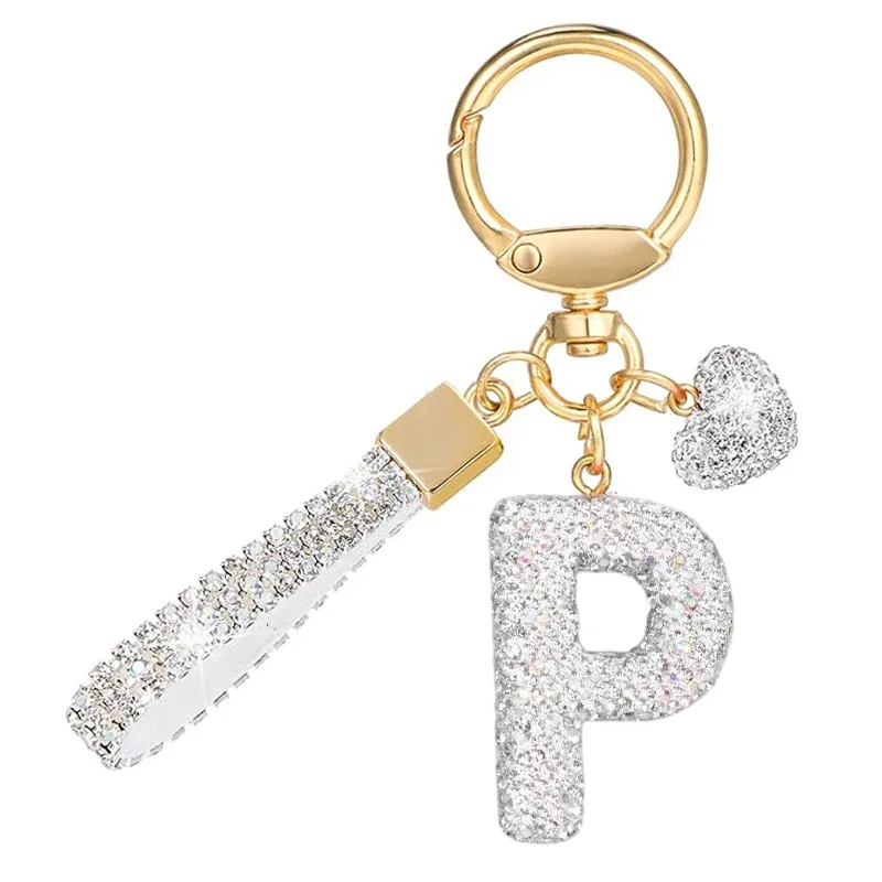 porte-clés avec lettres blanches brillantes, alphabet a-z pour porte-clés de voiture/sac à dos et cadeau avec lanière ajoutée