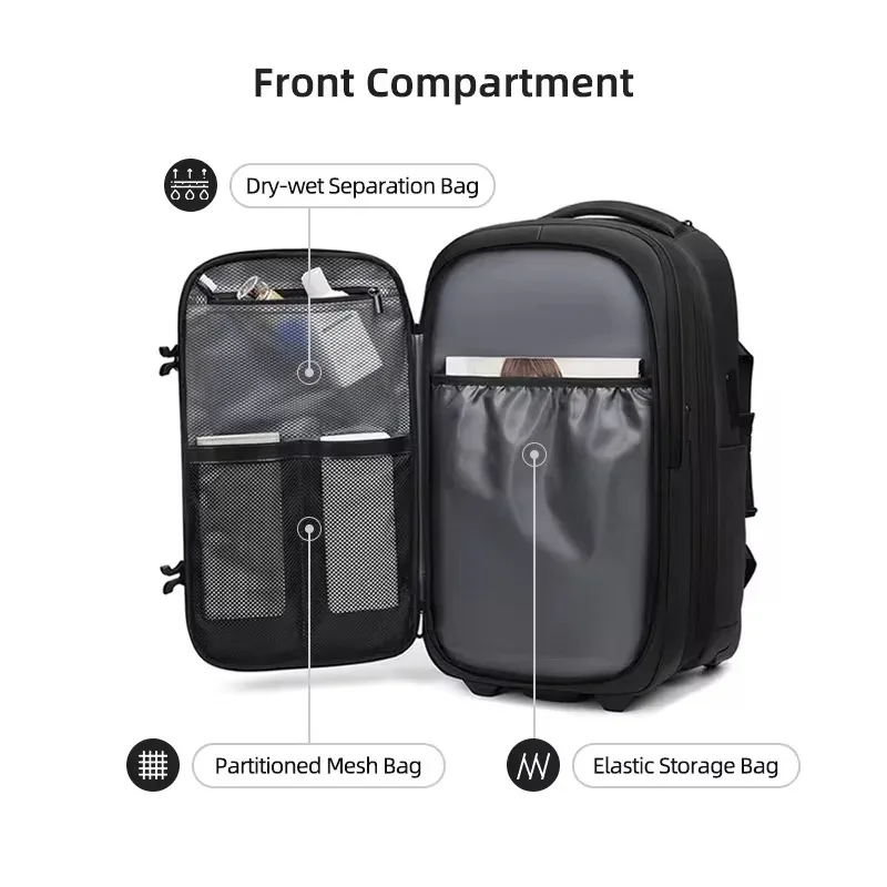 sac à dos roulant pour ordinateur portable 17 pouces, résistant à l'eau, grande capacité 36-55l, bagage de voyage, sac à dos à roulettes pour hommes et femmes