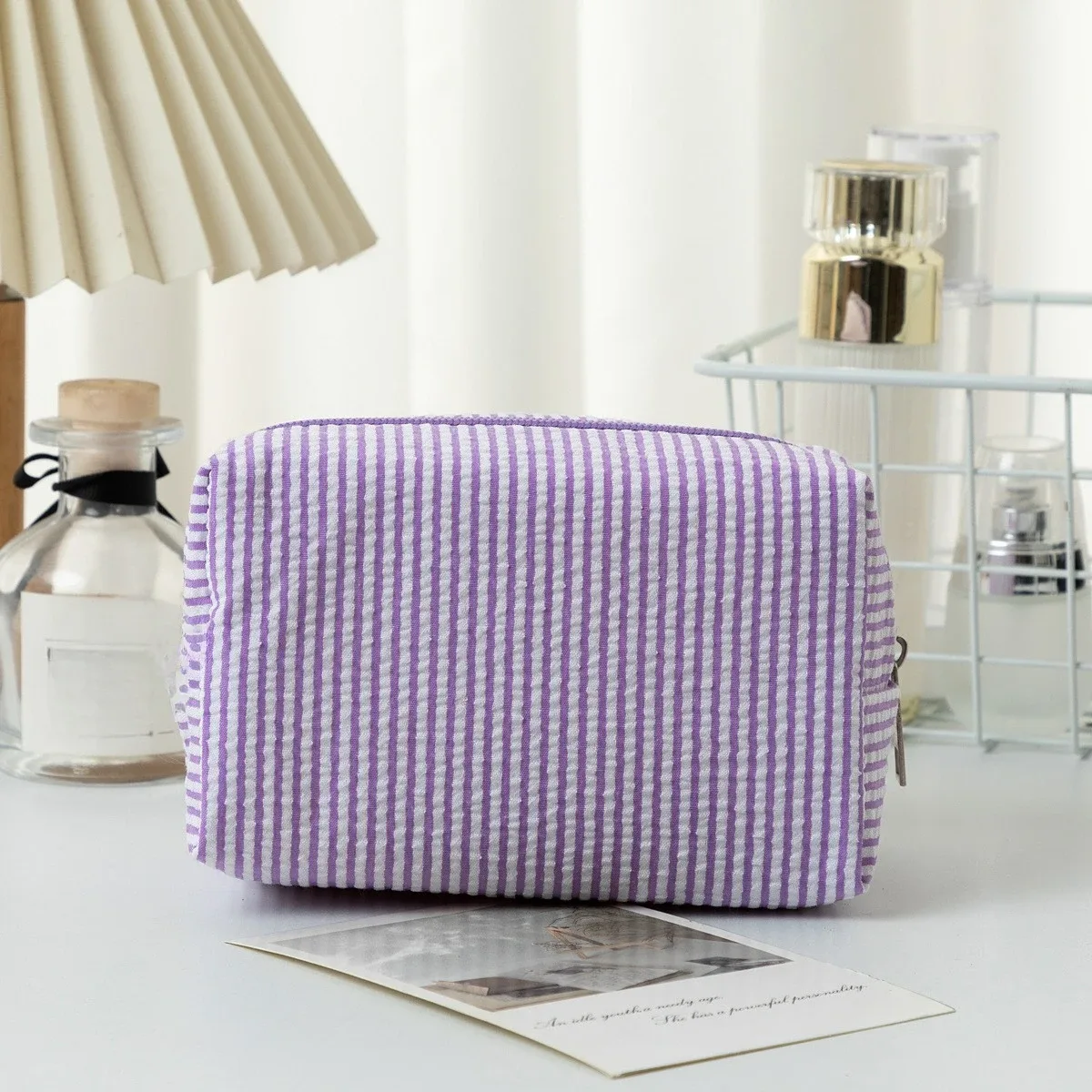 sac à main cosmétique rayé pour femme, pochette de maquillage portable à fermeture éclair, trousse de toilette en poudre pour filles, nouvelle collection