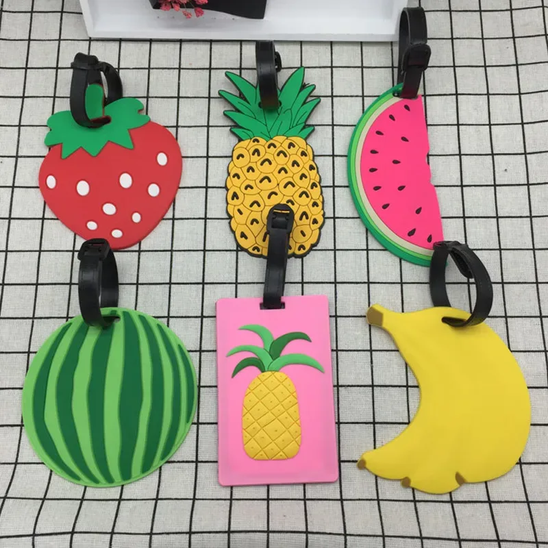 étiquette de bagage en silicone de dessin animé de fruits pour femmes/hommes, porte-adresse d'identification de valise, étiquette d'embarquement, accessoires de voyage portables