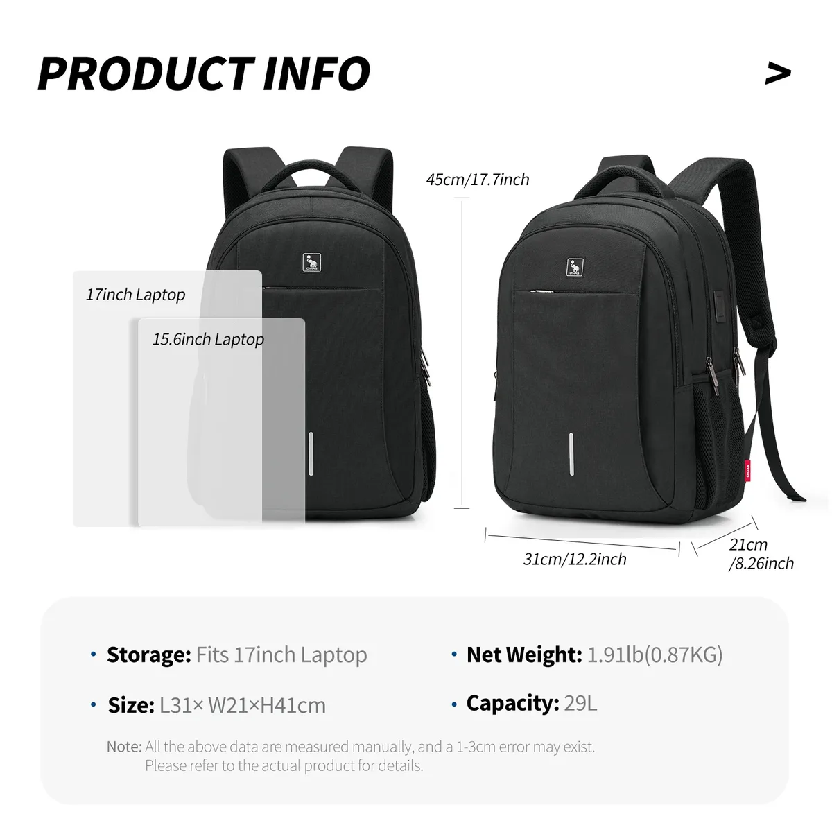 OIWAS Sac à dos étanche pour ordinateur de grande capacité avec port de chargement USB - Sac de voyage durable pour ordinateurs portables jusqu'à 17 pouces