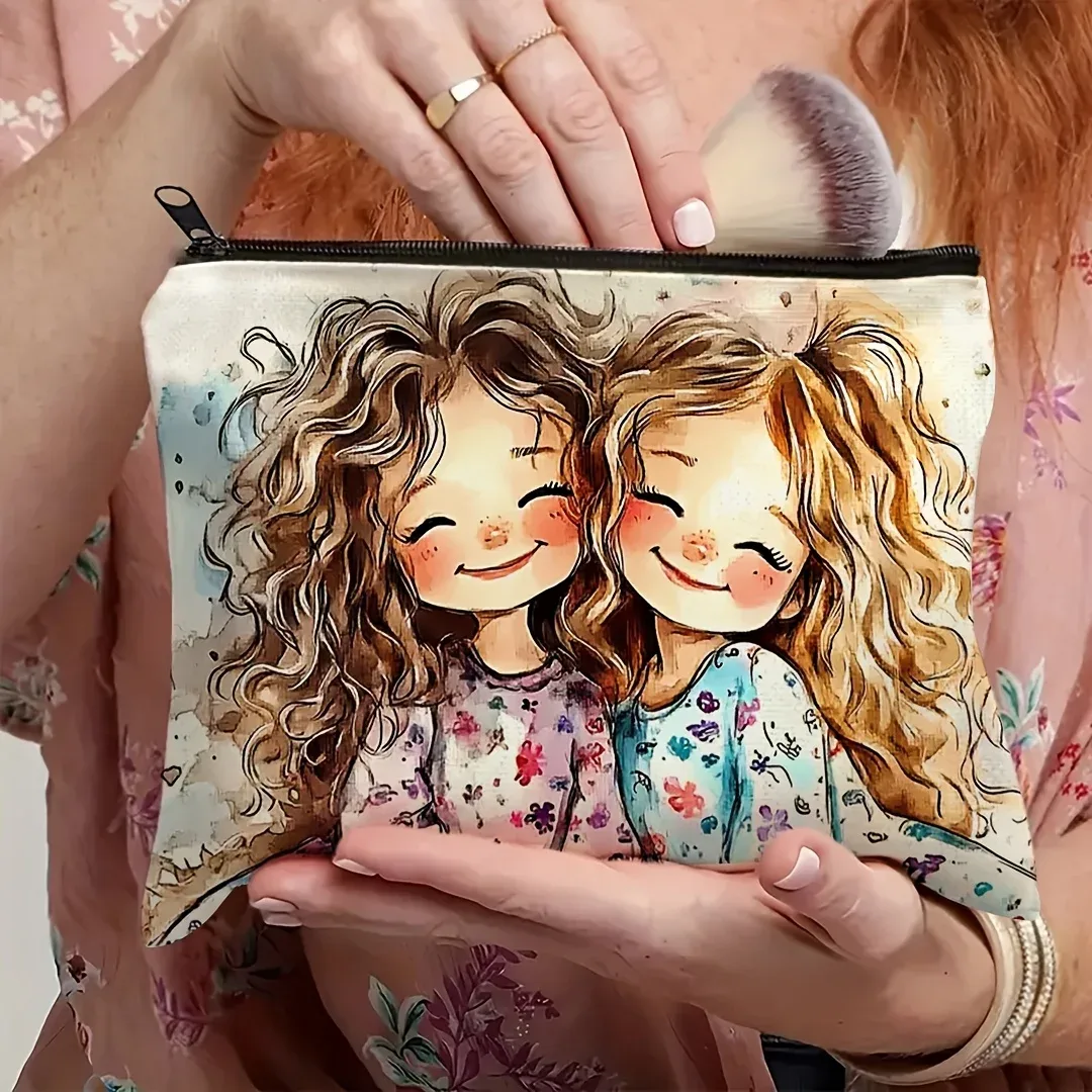 1 trousse de maquillage mignonne pour filles – pochette cosmétique en lin portable | conception de dessins animés vibrants, voyages, vacances, affaires